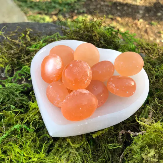 One Small Orange Selenite (satin Spar) Tumbled Crystal From Morocco | Peach Selenite Tumbles