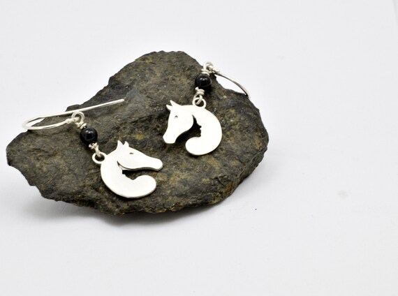 Horse Earrings In Satin Sterling Silver - Dangle Horse And Women's Face With Black Onyx Gemstone Gift For Horse  Lovers - Animal Jewelry