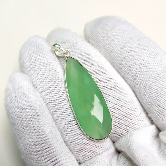 Natural Green Onyx Pendant, 925 Sterling Silver Pendant, Long Onyx Checkerboard Cut Stone, Pear Shape Pendant