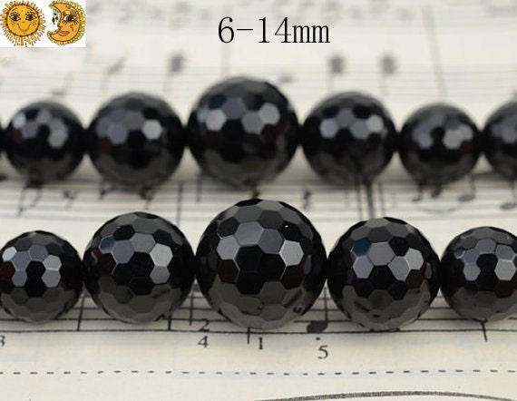 Black Onyx,15 Inch Full Strand Natural Black Onyx Graduated Faceted(128 Faces) Round Beads 6-14mm