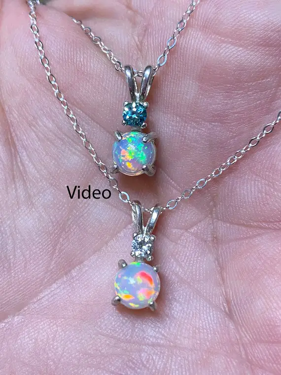 Moissanite & Natural Ethiopian Fire Opal Necklace/ Moissanite Accent / Sterling Silver/ Aaa 6.00mm Round Rainbow Play Ethiopian Fire Opal