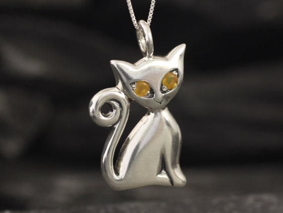 Silver Cat Pendant, Dainty Opal Necklace, Natural Opal, October Birthstone, Animal Necklace, Cat Charm, Adina Stone, 925 Sterling Silver