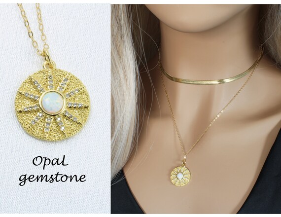 14k Gold Filled Sun Celestial Coin Necklace - Opal Starburst Pendant - North Star Necklace - Gold Celestial Jewelry- Christmas Gift