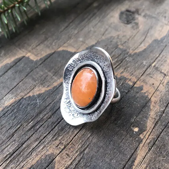 Orange Calcite Tidepool Ring, Statement Ring, Sterling Silver Size 6.5