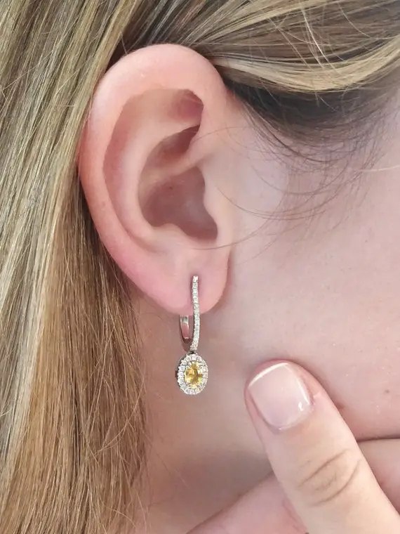 Oval Yellow Sapphire Earrings, 1.24 Genuine  Sapphire With Diamond Halo Tiny Drop Earrings For Women, 18 Karat White Gold Earrings
