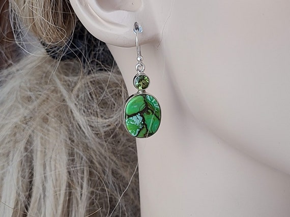 Turquoise Peridot Earrings, Green Copper Turquoise, 92.5 Sterling Silver, Ear Hook Option @