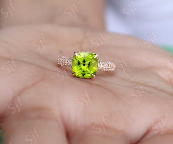 Cushion 9.00 Mm Natural Peridot 14k Rose Gold Plated 925 Silver Promise Engagement Ring For Her Birthday Anniversary Gift Statement