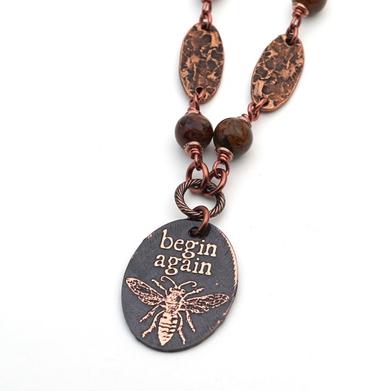 Copper Begin Again Necklace With Brown Pietersite Beads, Bee Jewelry, Etched Copper, 21 1/4 Inches Long