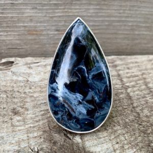 Stunning Large Teardrop Iridescent Blue Pietersite Sterling Silver Ring with Hammered Band | Pearly Blue Pietersite Ring | Silver Ring | | Natural genuine Pietersite rings, simple unique handcrafted gemstone rings. #rings #jewelry #shopping #gift #handmade #fashion #style #affiliate #ad