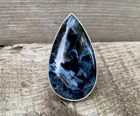 Stunning Large Teardrop Iridescent Blue Pietersite Sterling Silver Ring With Hammered Band | Pearly Blue Pietersite Ring | Silver Ring |