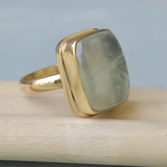 Cushion Cab Natural Prehnite Ring, Sterling Silver Ring , Yellow Plated, Rose Gold Plated Gold Ring, Green Prehnite Ring Jewelry