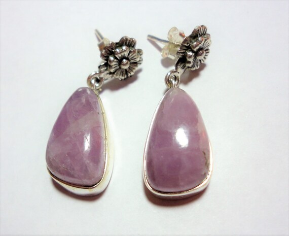 Purple Kunzite Earrings, Natural Kunzite Cabochons, Freeform Kunzite Gemstones On Sterling Flower Post Earrings