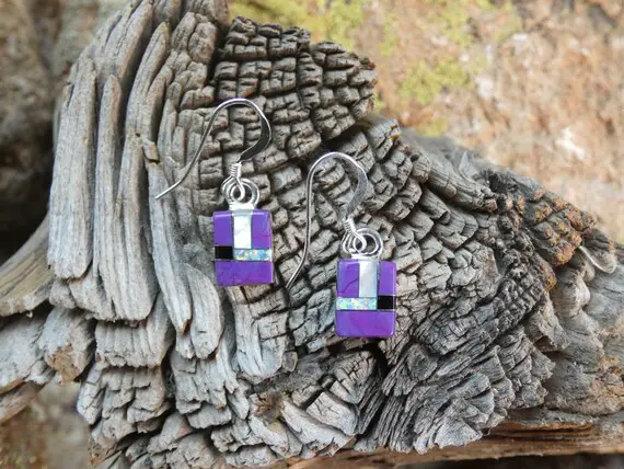 Purple Sugilite & White Opal Inlayed Petite Earrings On French Wire Hooks Southwestern Sterling Silver 925 Free Gift Bag Free Shipping W88