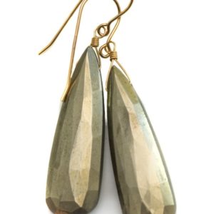 Shop Pyrite Earrings! Natural Pyrite Earrings 14k solid gold or filled or Sterling Silver 2 Inches Natural large long faceted Teardrops Simple Earthy Neutral | Natural genuine Pyrite earrings. Buy crystal jewelry, handmade handcrafted artisan jewelry for women.  Unique handmade gift ideas. #jewelry #beadedearrings #beadedjewelry #gift #shopping #handmadejewelry #fashion #style #product #earrings #affiliate #ad
