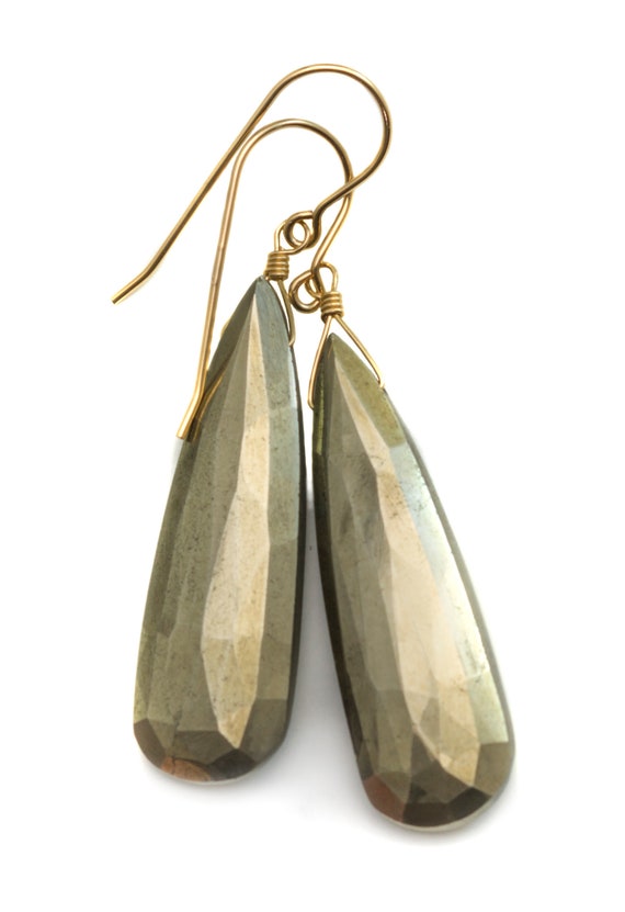 Natural Pyrite Earrings 14k Solid Gold Or Filled Or Sterling Silver 2 Inches Natural Large Long Faceted Teardrops Simple Earthy Neutral