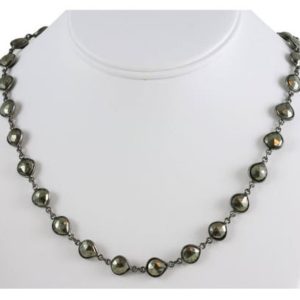 Shop Pyrite Necklaces! Iron Pyrite Necklace Chain Link Beaded Rhodium Plate Oxidized Black Silver Faceted 24 Inch Natural Golden Bronze Color Bezel Setting | Natural genuine Pyrite necklaces. Buy crystal jewelry, handmade handcrafted artisan jewelry for women.  Unique handmade gift ideas. #jewelry #beadednecklaces #beadedjewelry #gift #shopping #handmadejewelry #fashion #style #product #necklaces #affiliate #ad