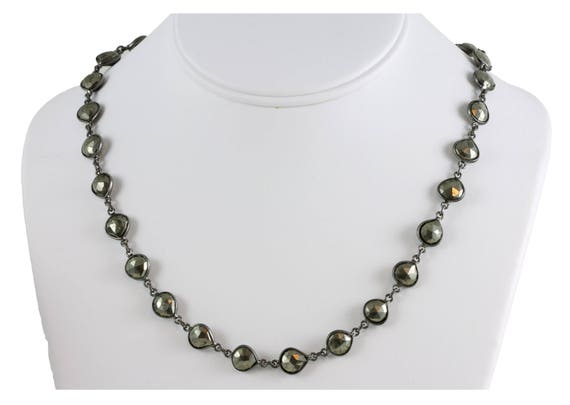Iron Pyrite Necklace Chain Link Beaded Rhodium Plate Oxidized Black Silver Faceted  24 Inch Natural Golden Bronze Color Bezel Setting