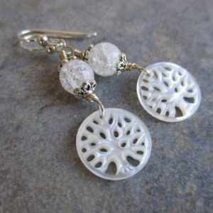 Shop Quartz Crystal Earrings! MOP Tree of Life Earrings, .925 Sterling Silver, Carved Mother Of Pearl Dangle Earrings, Quartz Crystal Jewelry,  PE15 | Natural genuine Quartz earrings. Buy crystal jewelry, handmade handcrafted artisan jewelry for women.  Unique handmade gift ideas. #jewelry #beadedearrings #beadedjewelry #gift #shopping #handmadejewelry #fashion #style #product #earrings #affiliate #ad