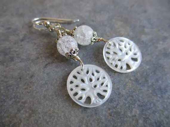 Mop Tree Of Life Earrings, .925 Sterling Silver, Carved Mother Of Pearl Dangle Earrings, Quartz Crystal Jewelry,  Pe15