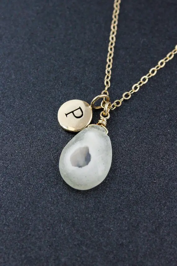 White Solar Quartz Initial Necklace, Silver Or Gold, Personalized