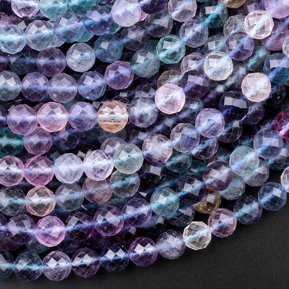 Aaa Natural Multicolor Rainbow Fluorite Faceted 4mm 6mm Round Beads Purple Blue Green Shaded 15.5" Strand