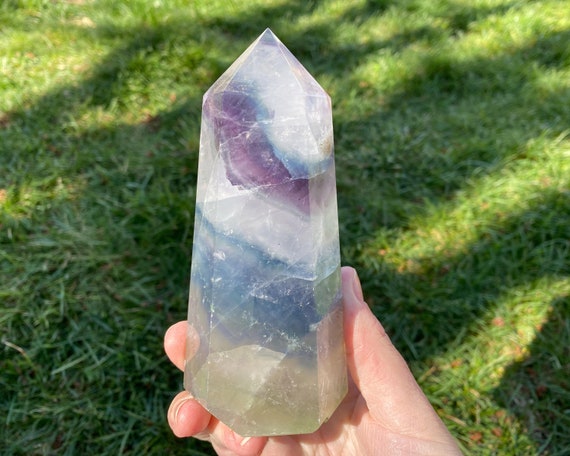 5.2" Dendritic Rainbow Fluorite Tower, Dendrites In Purple Green Clear Polished Fluorite Point #1