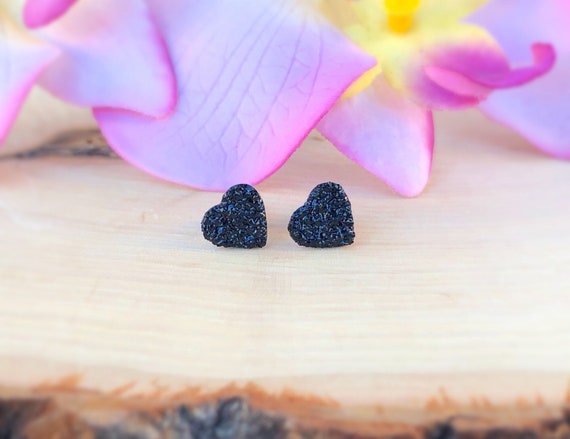 Raw Black Tourmaline Heart Stud Earrings, Natural Gemstone Studs, Genuine Stone, Crushed, Cluster, Rough Crystal, Rock, Protection, Gift