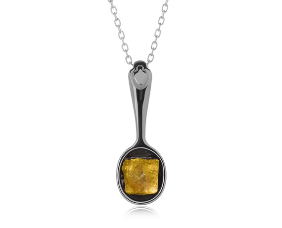 Raw Yellow Sapphire Necklace-black Spoon Necklace-november Birthstone Necklace For Women-rough Yellow Sapphire Pendant-necklace With Spoon