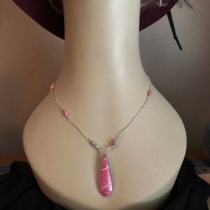 Shop Rhodochrosite Necklaces! Pink Rhodochrosite With Beautiful White Banding, Silver Beaded Necklace, Pink Teardrop Cabochon Mounted In Sterling Silver, Silversmith | Natural genuine Rhodochrosite necklaces. Buy crystal jewelry, handmade handcrafted artisan jewelry for women.  Unique handmade gift ideas. #jewelry #beadednecklaces #beadedjewelry #gift #shopping #handmadejewelry #fashion #style #product #necklaces #affiliate #ad