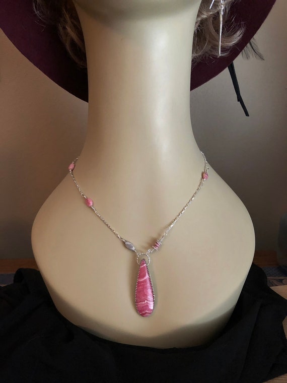 Pink Rhodochrosite With Beautiful Rich Banding, Silver Beaded Necklace, Pink Teardrop Cabochon Mounted In Sterling Silver, Silversmith