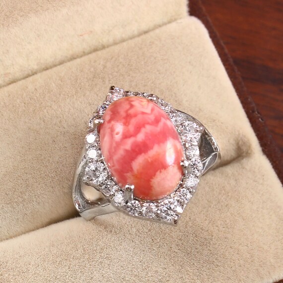 Natural Rhodochrosite Ring, Statement Ring, 925 Sterling Silver, Art Deco Ring, Boho Chunky Ring, Halo Tribal Ring, Anniversary Gift Women