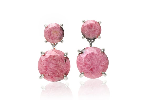 Rhodonite Earrings · Pink Gemstone Earrings · Sterling Silver Stone Earrings · Dangle Palladium Rhodium Earrings