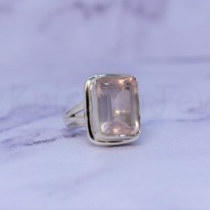 Shop Rose Quartz Rings! Rose Quartz Gemstone Ring, 925 Silver Sterling Ring, Square Shape Ring, Bezel Set Ring, Statement Ring, Split Band Ring, Faceted Gemstone | Natural genuine Rose Quartz rings, simple unique handcrafted gemstone rings. #rings #jewelry #shopping #gift #handmade #fashion #style #affiliate #ad