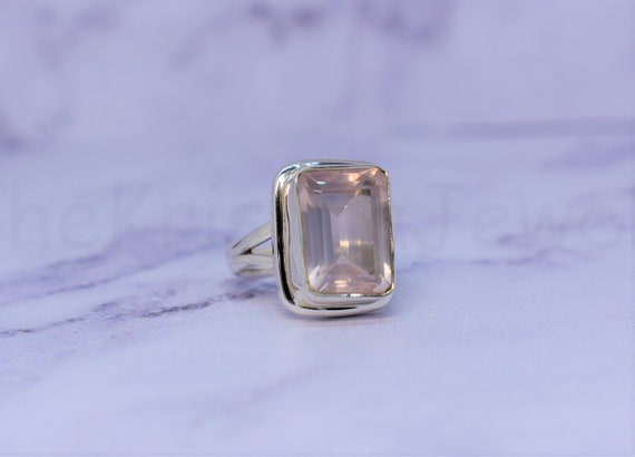 Rose Quartz Gemstone Ring, 925 Silver Sterling Ring, Square Shape Ring, Bezel Set Ring, Statement Ring, Split Band Ring, Faceted Gemstone