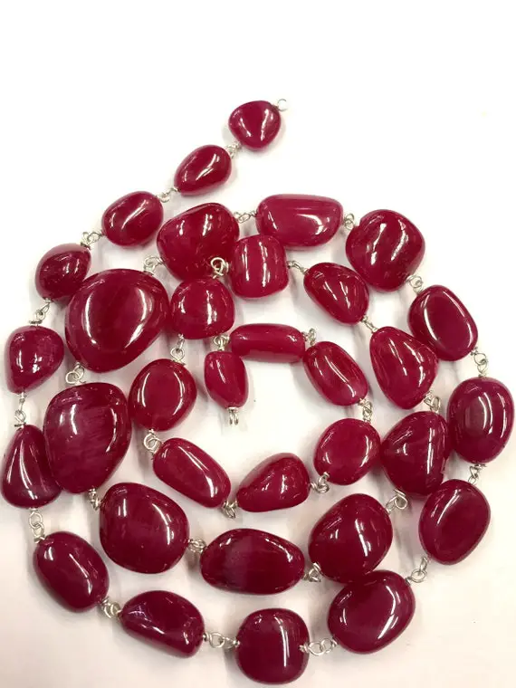 Ruby Rosary Chain Beads Silver Rosary Chain Natural Ruby Smooth Nugget Shape Beads Beautiful Ruby Rosary Necklace Superb Quality 22" Strand