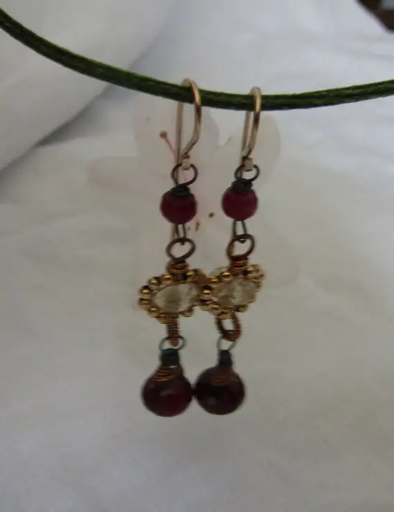 Ruby Briolette, Faceted Golden Rutile Rondelle, 14k Gold Fill Beads, 14k Hook Style Earwire Silver Earrings