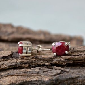 Natural Dark Red Ruby Earring, Deep Red Genuine Ruby Studs, Raw Ruby Oval Earrings, Prong Raw Ruby Earrings, 925 Sterling Silver Earrings | Natural genuine Array earrings. Buy crystal jewelry, handmade handcrafted artisan jewelry for women.  Unique handmade gift ideas. #jewelry #beadedearrings #beadedjewelry #gift #shopping #handmadejewelry #fashion #style #product #earrings #affiliate #ad