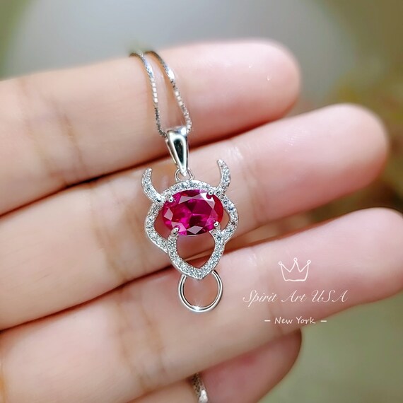 Sterling Silver Ruby Necklace - Buffalo Cattle Bull Ox Necklace -  July Birthstone - 1.5 Ct Ruby Pendant #259