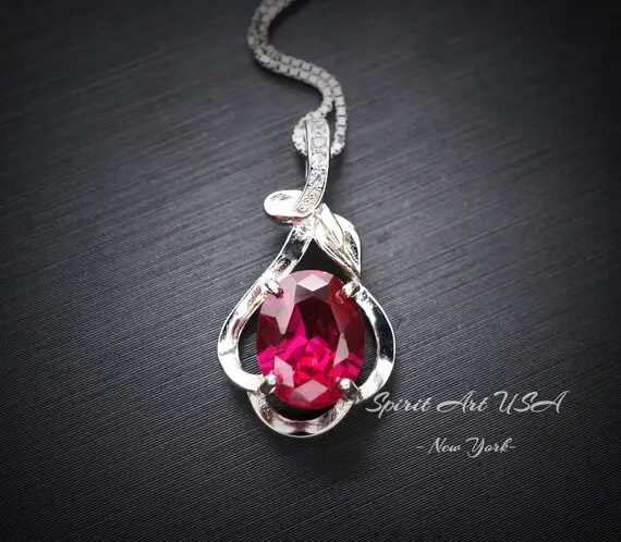 Sterling Silver Red Ruby Necklace 2.1 Ct Solitaire Red Ruby Flower Petal Pendant Sterling Silver White Gold Plated July Birthstone #206
