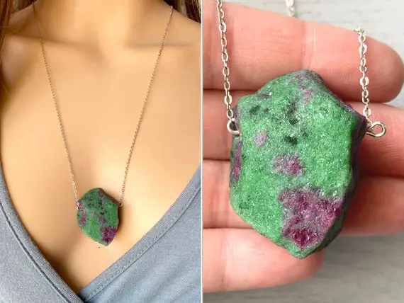 Raw Ruby Necklace, Rough Ruby Zoisite Necklace, Big Ruby Pendant Necklace, July Birthstone Necklace Natural Ruby Zoisite Jewelry Exact Stone