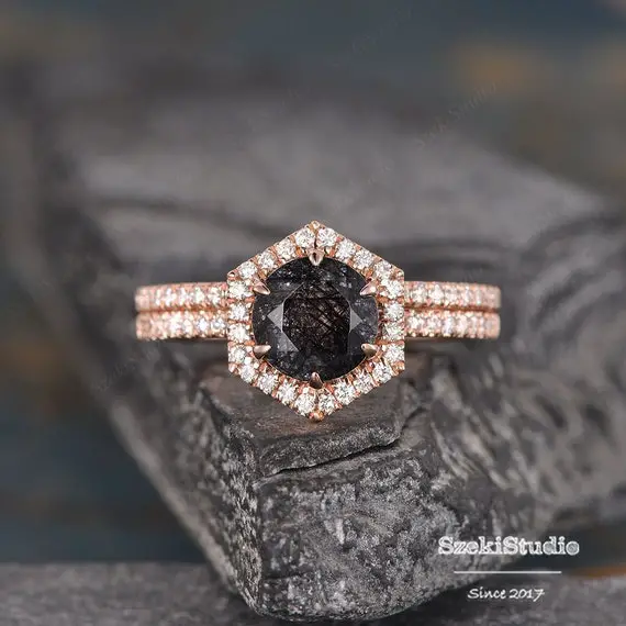 Unique Black Rutilated Quartz Engagement Ring Set 2pcs Rose Gold Crystal Ring Salt And Pepper Ring Hexagon Black Stone Ring 1ct