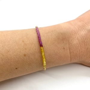 Shop Yellow Sapphire Bracelets! Sapphire 14k Gold Bracelet, Genuine Pink Orange Yellow Sapphire Bracelet | Natural genuine Yellow Sapphire bracelets. Buy crystal jewelry, handmade handcrafted artisan jewelry for women.  Unique handmade gift ideas. #jewelry #beadedbracelets #beadedjewelry #gift #shopping #handmadejewelry #fashion #style #product #bracelets #affiliate #ad