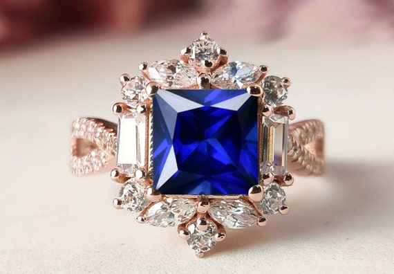 Princess Cut Blue Sapphire Engagement Ring Art Deco Sapphire Wedding Ring Unique Sapphire Bridal Promise Ring Antique Women Anniversary Ring