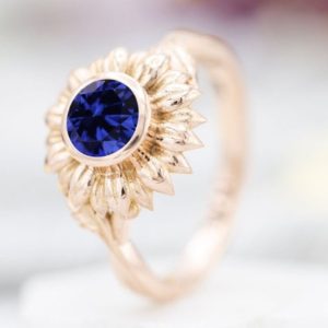 Sunflower Blue Sapphire Engagement 14k Rose Gold Vintage Sapphire Wedding Ring Vintage Floral Bridal Anniversary Ring Unique Promise Ring | Natural genuine Gemstone rings, simple unique alternative gemstone engagement rings. #rings #jewelry #bridal #wedding #jewelryaccessories #engagementrings #weddingideas #affiliate #ad