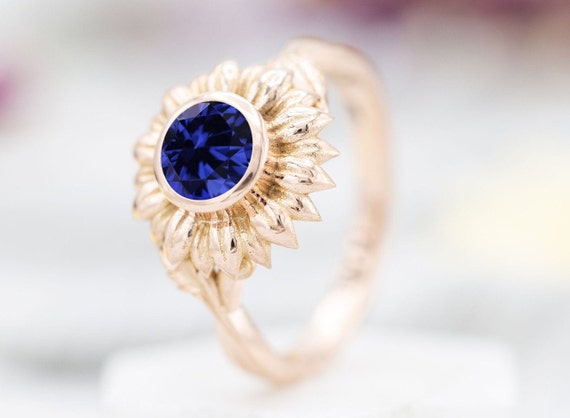 Sunflower Blue Sapphire Engagement 14k Rose Gold Vintage Sapphire Wedding Ring Vintage Floral Bridal Anniversary Ring Unique Promise Ring