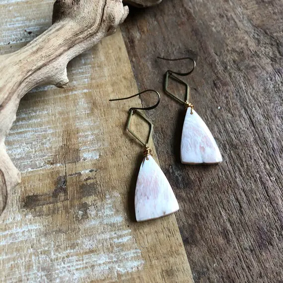 Scolecite And Hammered Brass Earrings