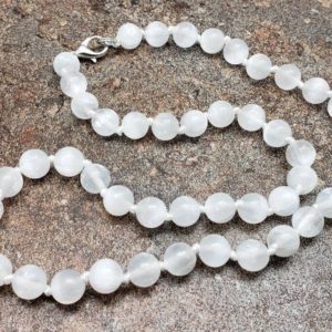 Shop Selenite Jewelry! Selenite Hand Knotted Necklace with Lobster Claw Clasp | Natural genuine Selenite jewelry. Buy crystal jewelry, handmade handcrafted artisan jewelry for women.  Unique handmade gift ideas. #jewelry #beadedjewelry #beadedjewelry #gift #shopping #handmadejewelry #fashion #style #product #jewelry #affiliate #ad