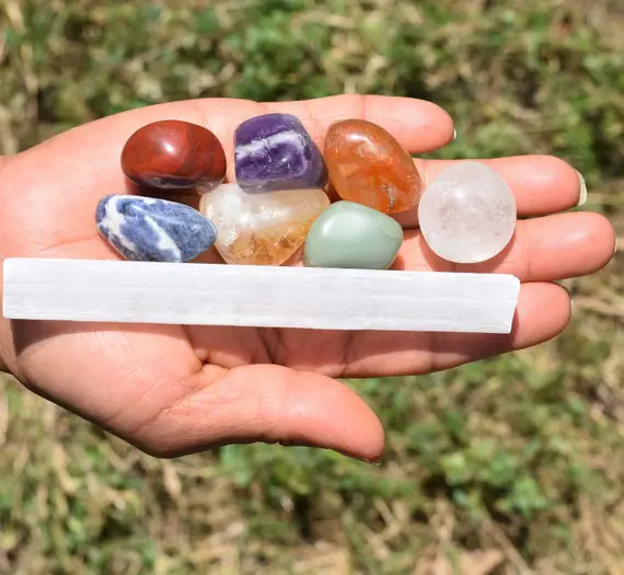 Seven Chakra Set With Selenite Wand, 7 Chakra Tumbled Stones With Selenite Wand, Gemstone Set, Meditation Crystals, Healing Crystals Set