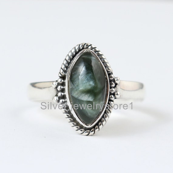 Natural Green Seraphinite Ring, Gemstone Ring, Seraphinite Jewelry, Handmade Ring, Unisex Ring, 6x12 Mm Marquise Ring, Anniversary Ring