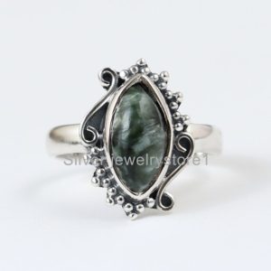 Shop Seraphinite Rings! Natural Green Seraphinite Ring, Natural Gemstone Ring, Seraphinite Jewelry, Handmade Ring, Women Ring, 6×12 mm Marquise Ring, Solitaire Ring | Natural genuine Seraphinite rings, simple unique handcrafted gemstone rings. #rings #jewelry #shopping #gift #handmade #fashion #style #affiliate #ad